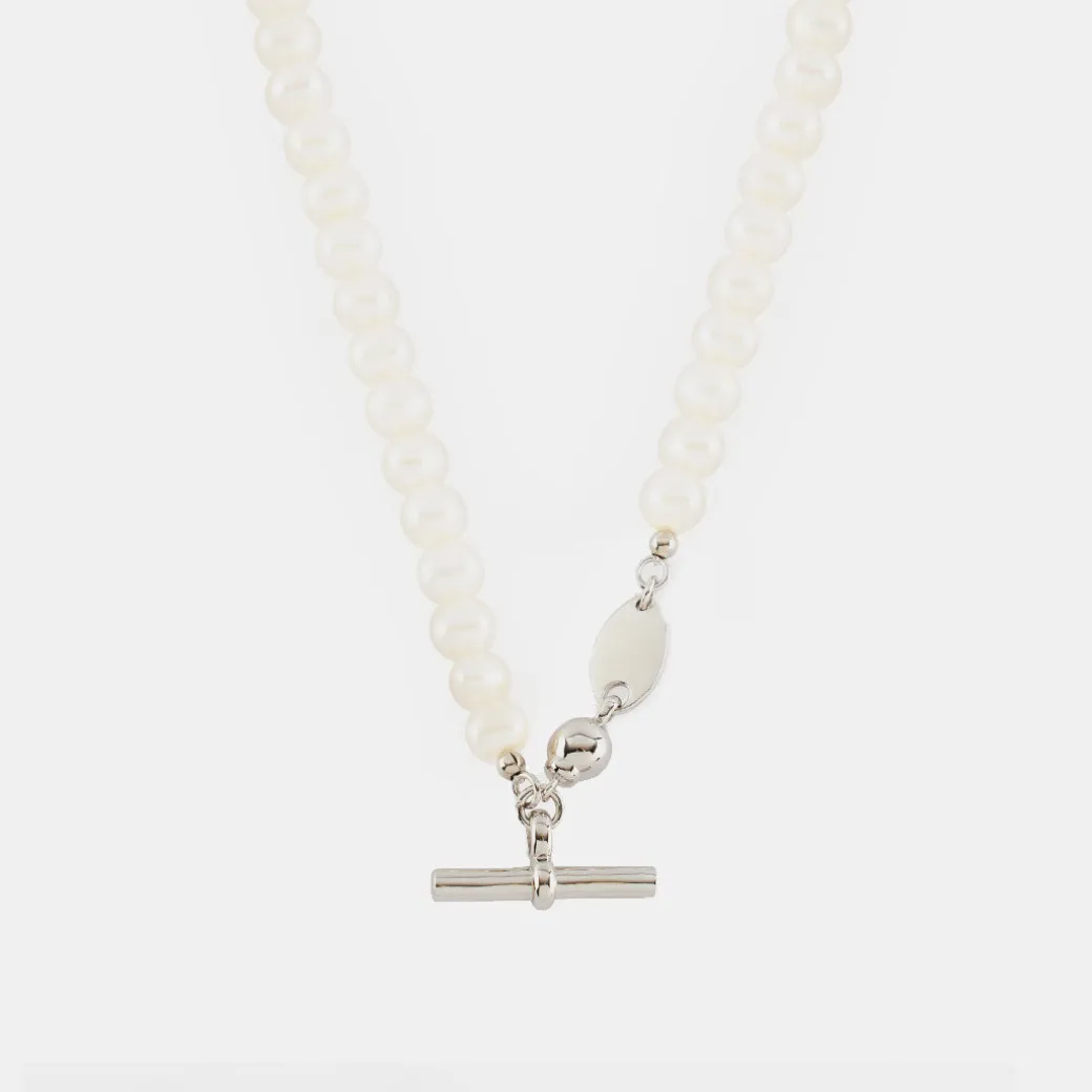 Silver Pearl T-Bar Necklace